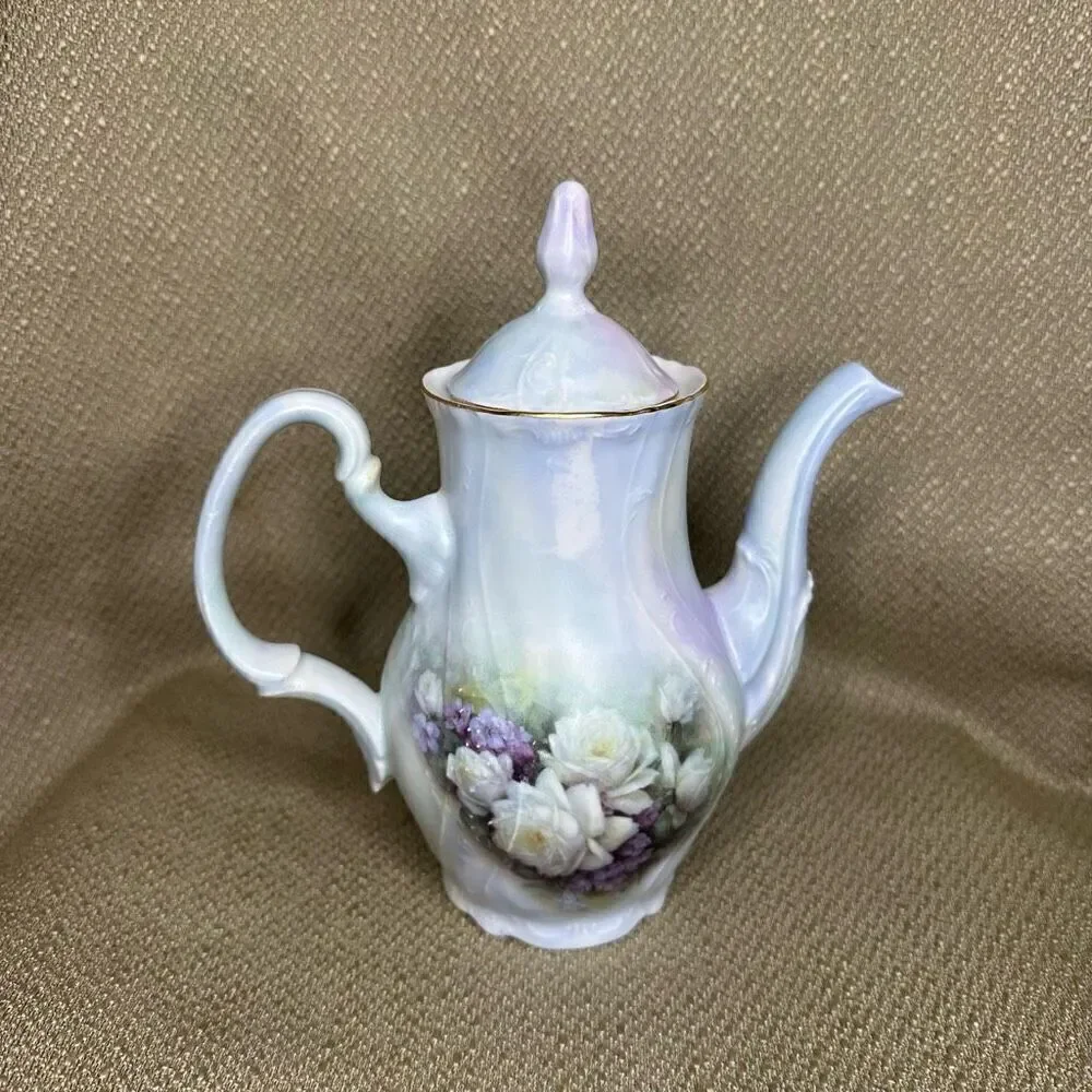 Vintage Bernadotte Porcelain Coffee Tea Pot Czech Republic Purple Roses 7.5”
